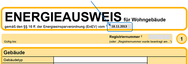 Kopfzeile eines „neuen“ Energieausweises für Wohngebäude nach der EnEV 2013