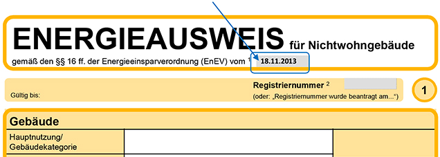 Kopfzeile eines „neuen“ Energieausweises für Nichtwohngebäude nach der EnEV 2013
