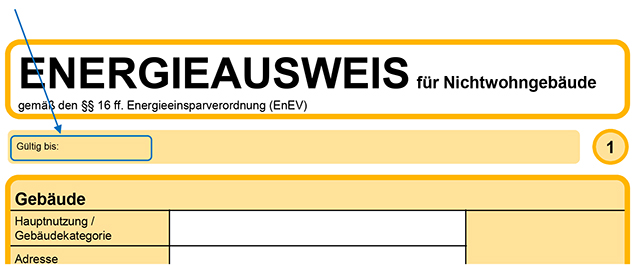 Muster oberer Teil Energieausweis für Nichtwohngebäude nach der EnEV 2009