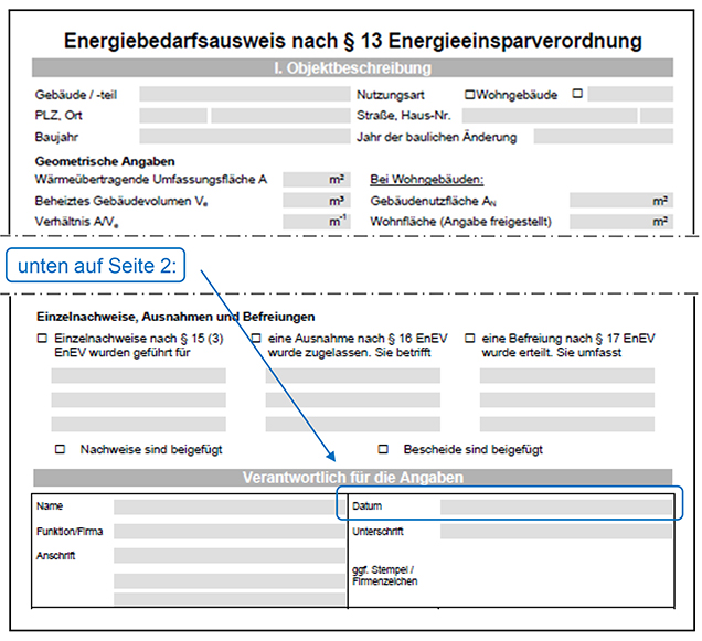 Muster oberer Teil der Seite 1 und unterer Teil der Seite 2 eines Energiebedarfsausweises nach der EnEV 2002