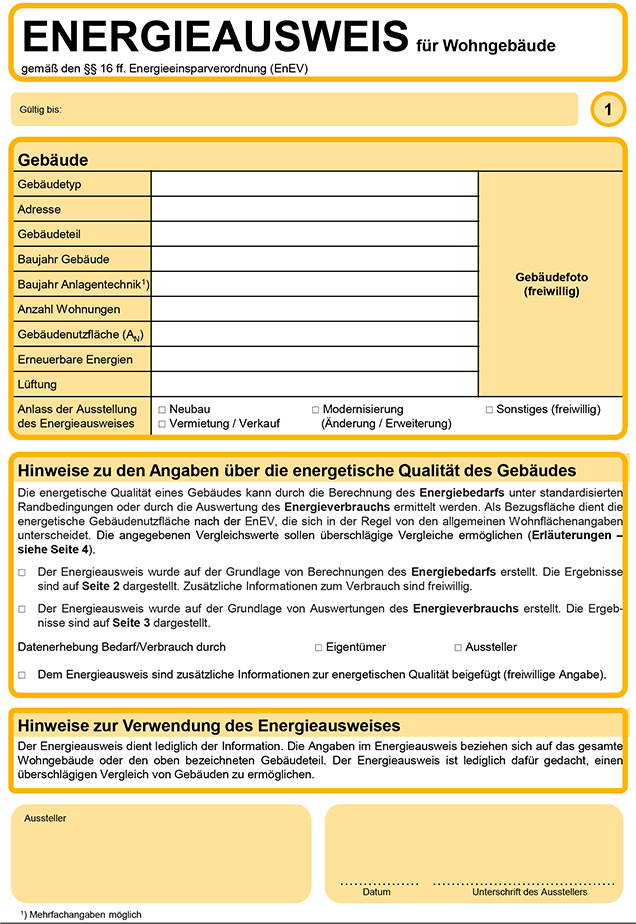 Die erste Seite eines Energieausweises für ein Wohngebäude nach der EnEV 2009 sieht wie die nachfolgende Abbildung aus.