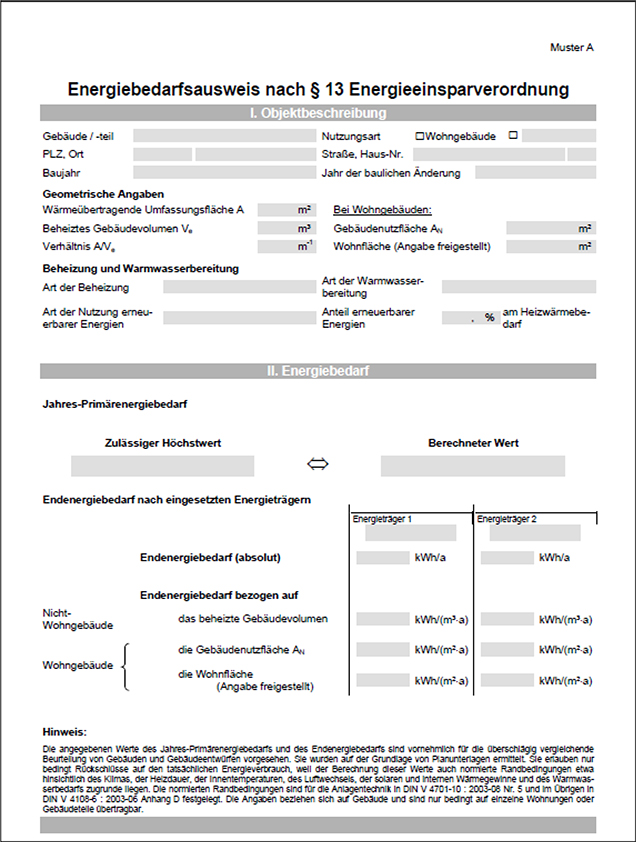 Die erste Seite eines Energiebedarfsausweises für ein Wohngebäude nach der EnEV 2002 sieht wie die nachfolgende Abbildung aus.