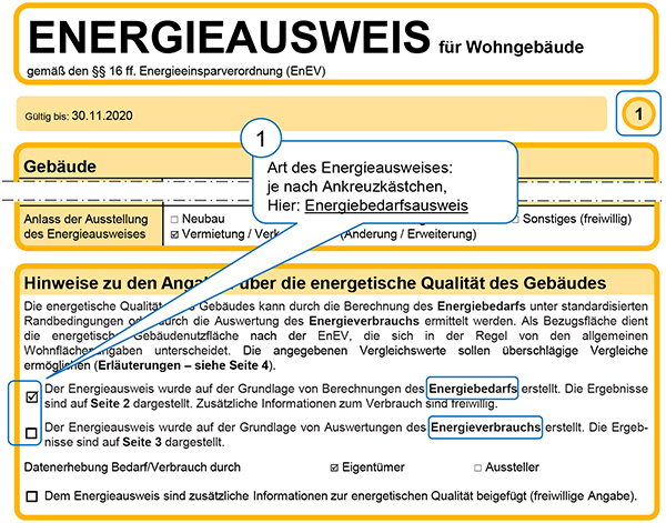 Muster mittlerer Teil der ersten Seite eines Energiebedarfsausweises für Wohngebäude nach der EnEV 2007 und der EnEV 2009