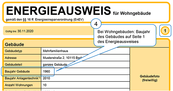 Muster oberer Teil der ersten Seite eines Energieausweises für Wohngebäude nach der EnEV 2007 und der EnEV 2009 (Stichwort „Baujahr“)