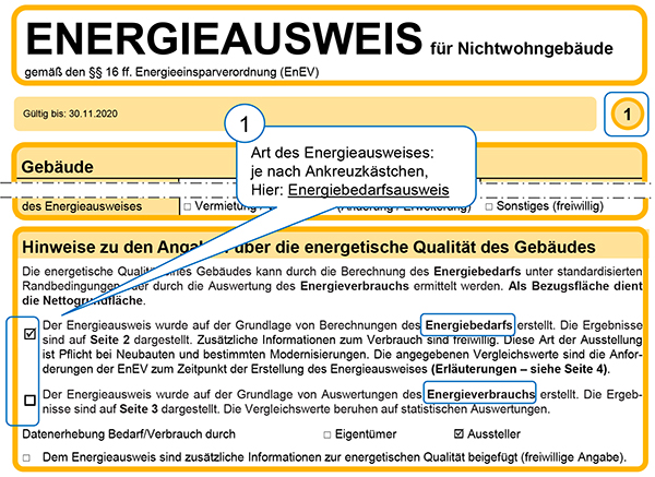 Muster oberer Teil der ersten Seite eines Energiebedarfsausweises für Nichtwohngebäude nach der EnEV 2007 und der EnEV 2009 