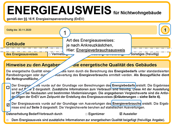 Muster mittlerer Teil der ersten Seite eines Energieverbrauchsausweises für Nichtwohngebäude nach der EnEV 2007 und der EnEV 2009 