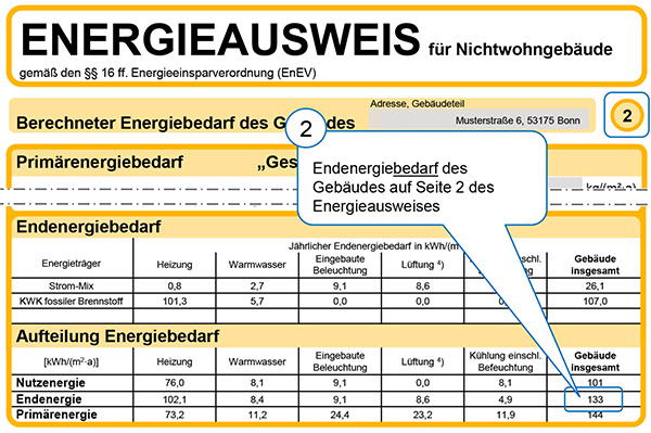 Muster mittlerer Teil der zweiten Seite eines Energiebedarfsausweises für Nichtwohngebäude nach der EnEV 2007 und der EnEV 2009
