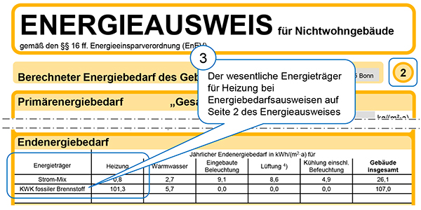 Muster mittlerer Teil der zweiten Seite eines Energiebedarfsausweises für Nichtwohngebäude nach der EnEV 2007 und der EnEV 2009 (Stichwort „wesentlicher Energieträger“)
