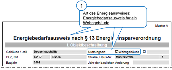 Muster oberer Teil der ersten Seite eines Energiebedarfsausweises für Wohngebäude nach der EnEV 2002 