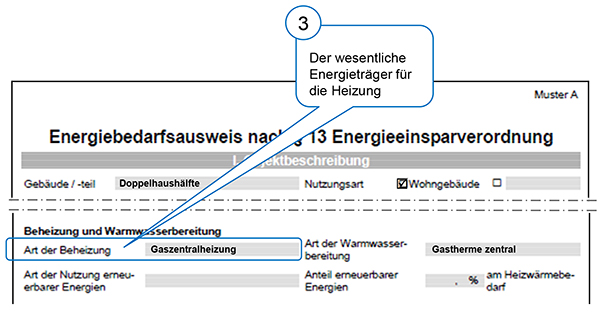 Muster oberer Teil der ersten Seite eines Energiebedarfsausweises für Wohngebäude nach der EnEV 2002 (Stichwort „wesentlicher Energieträger“)