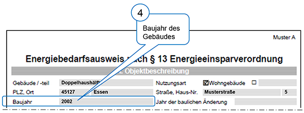 Muster oberer Teil der ersten Seite eines Energiebedarfsausweises für Wohngebäude nach der EnEV 2002 (Stichwort „Baujahr“)