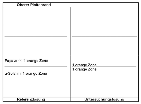 Das Chromatogramm der Referenzlösung zeigt im unteren Drittel die orange Zone des α-Solanins und im mittleren Drittel die orange Zone des Papaverins. Das Chromatogramm der Untersuchungslösung zeigt zwischen den beiden Referenzsubstanzen zwei orange Zonen.
