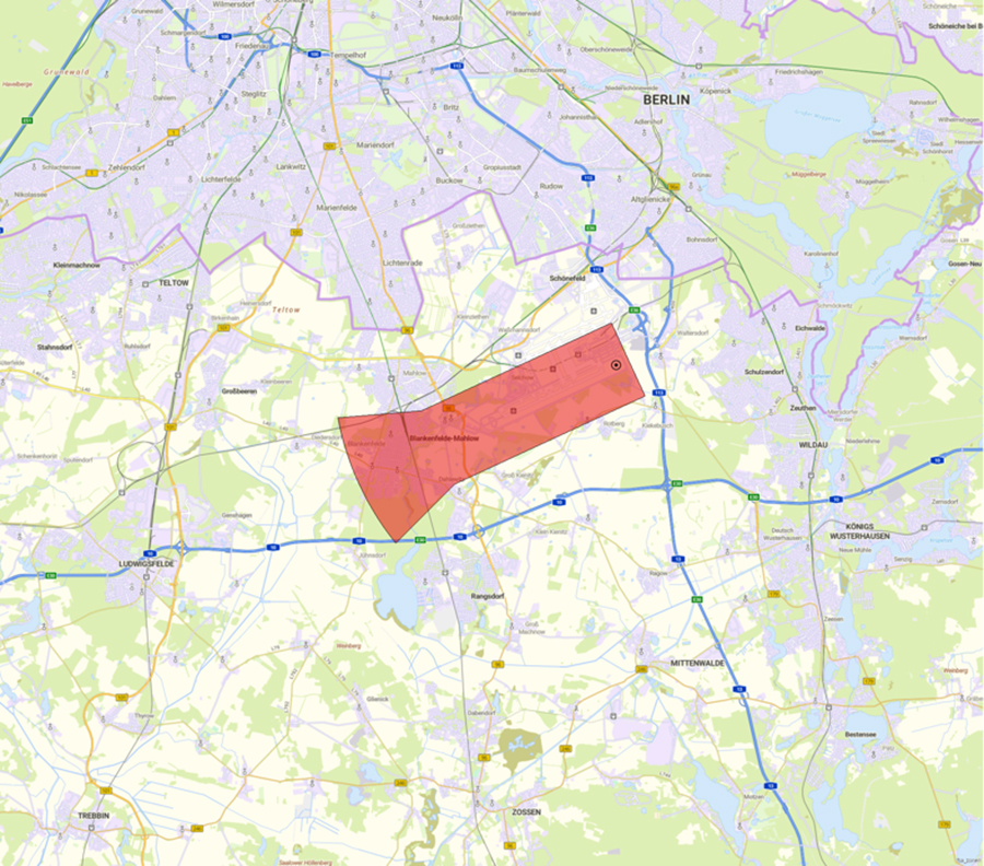 Kartendarstellung der Lage der Flugsicherungseinrichtung und des Anlagenschutzbereichs
