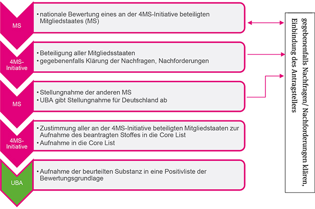Das Schema gibt einen grafischen Überblick zu dem Ablauf des beschriebenen Bewertungsverfahrens und der zu beteiligenden Fachkreise entsprechend Fall B: Beurteilung eines Stoffes durch einen anderen EU-Mitgliedstaat