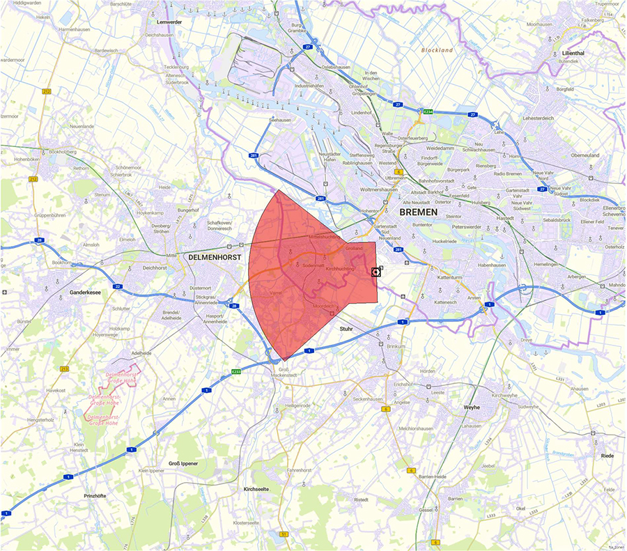 Kartendarstellung der Lage der Flugsicherungseinrichtung und des Anlagenschutzbereichs
