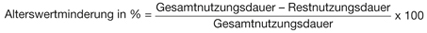 Alterswertminderung in Prozent ist gleich Gesamtnutzungsdauer minus Restnutzungsdauer geteilt durch Gesamtnutzungsdauer mal einhundert