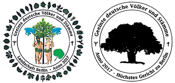 zwei Abbildungen mit je zwei ineinander liegenden schwarzen Kreisen. Im Zwischenraum, der sich durch den kleinen im großen Kreis ergibt, befindet sich linksseitig (auf neun Uhr) eine Rune bestehend aus einer senkrechten Linie mit zwei im 45°-Winkel nach oben gerichteten kurzen Linien und rechtsseitig (auf drei Uhr) eine senkrechte Linie mit zwei im 45°-Winkel nach unten zeigenden kurzen Linien. In beiden Kreisen befindet sich in der Mitte die Abbildung eines Baumes. Die linke Abbildung ist umgeben von der Darstellung von einundvierzig rund um den äußeren Ring angeordneten Blättern verschiedener Laubbäume; am Stamm des Baumes sind links ein Mann und rechts eine Frau dargestellt, die lediglich um die Hüften herum mit grünen Blättern bekleidet sind und in der jeweils äußeren Hand eine Stange festhalten, an der oben je eine blaue Fahne befestigt ist, die als im Wind wehend dargestellt wird. Rechts neben der Frau befindet sich die Darstellung eines grünen Blattes. Zwischen den beschriebenen Runen steht in der oberen Hälfte des Kreiszwischenraumes „Geeinte deutsche Völker und Stämme“ und in der unteren Hälfte „Landschaft Berlin Punkt Anno 2017“. Die rechte Abbildung beinhaltet die schwarze Darstellung eines Baumes. Im Kreiszwischenraum befindet sich in der oberen Hälfte der Schriftzug „Geeinte deutsche Völker und Stämme“ und in der unteren Hälfte „Anno 2017 Punkt Höchstes Gericht zu Berlin“.