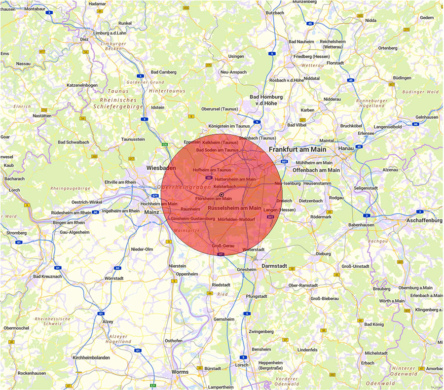 Kartendarstellung der Lage der Flugsicherungseinrichtung und des Anlagenschutzbereichs