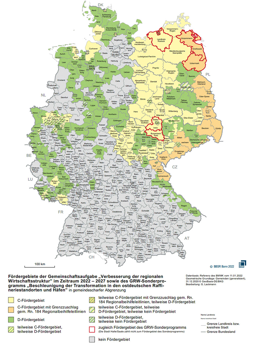 Karte des GRW-Fördergebietes 2022 bis 2027 und des GRW-Sonderprogramms „Beschleunigung der Transformation in den ostdeutschen Raffineriestandorten und Häfen“