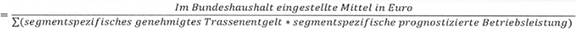 Formel: Im Bundeshaushalt eingestellte Mittel in Euro, geteilt durch die Summe aus dem segmentspezifischen genehmigten Trassenentgelt, multipliziert mit der segmentspezifischen prognostizierten Betriebsleistung, ergibt gleich.