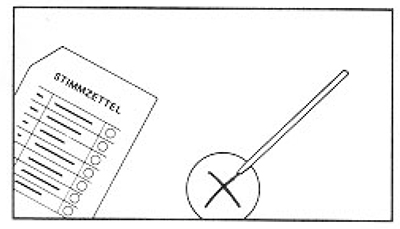 Grafik zeigt den Stimmzettel daneben einen großen Kreis mit einem Kreuz darin, das von einem abgebildeten Stift gezeichnet wurde.