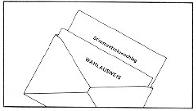 Grafik zeigt den Wahlausweis und den Stimmzettelumschlag, die bereits fast vollständig in den Wahlbriefumschlag gesteckt wurden.