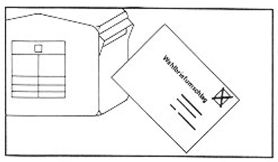 Grafik zeigt den unfrankierten Wahlbriefumschlag kurz vor dem Einwurf in einen Postbriefkasten.