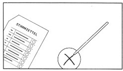 Grafik zeigt den Stimmzettel daneben einen großen Kreis mit einem Kreuz darin, das von einem abgebildeten Stift gezeichnet wurde.
