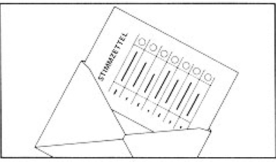 Grafik zeigt den Stimmzettel, der bereits zur Hälfte in den Stimmzettelumschlag geschoben wurde.