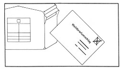 Grafik zeigt den unfrankierten Wahlbriefumschlag kurz vor dem Einwurf in einen Postbriefkasten.