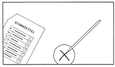 Grafik zeigt den Stimmzettel daneben einen großen Kreis mit einem Kreuz darin, das von einem abgebildeten Stift gezeichnet wurde.