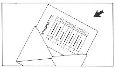 Grafik zeigt den Stimmzettel, der bereits zur Hälfte in den Wahlbriefumschlag geschoben wurde.