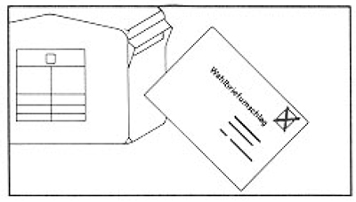Grafik zeigt den unfrankierten Wahlbriefumschlag kurz vor dem Einwurf in einen Postbriefkasten.
