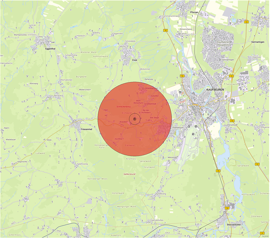Kartendarstellung der Lage der Flugsicherungseinrichtung und des Anlagenschutzbereichs
