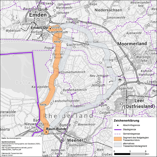 Abbildung 1: Darstellung des festgelegten Trassenkorridors für das Vorhaben 1 BBPlG, Abschnitt A