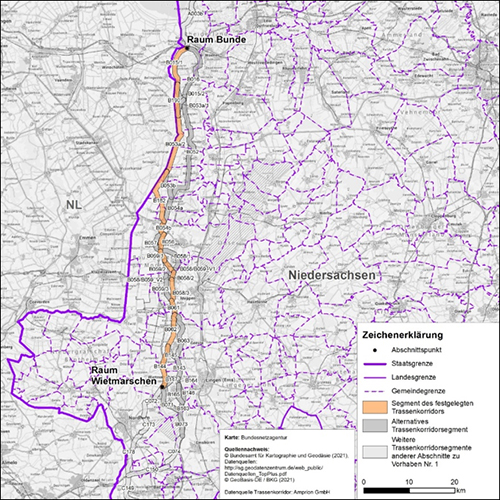 Abbildung 2: Darstellung des festgelegten Trassenkorridors für das Vorhaben 1 BBPlG, Abschnitt B