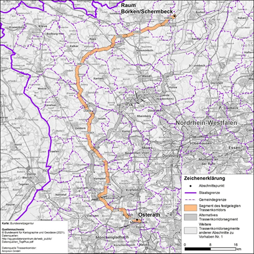 Abbildung 4: Darstellung des festgelegten Trassenkorridors für das Vorhaben 1 BBPlG, Abschnitt D