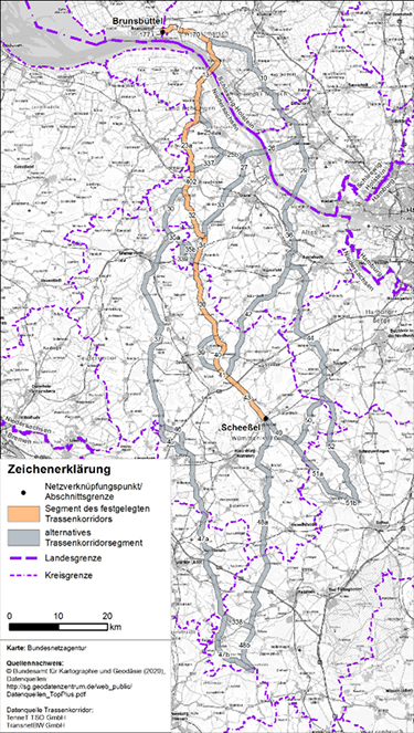 Abbildung 10: Darstellung des festgelegten Trassenkorridors für das Vorhaben 3 BBPlG, Abschnitt A