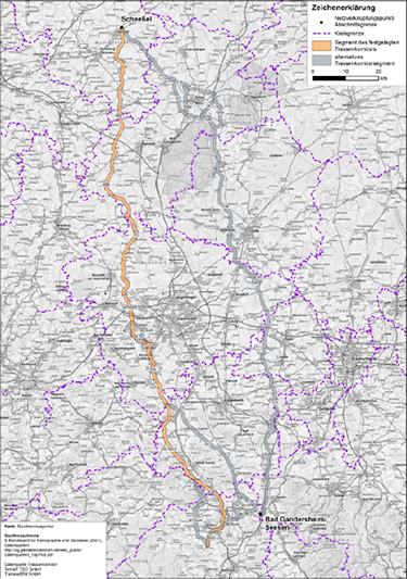 Abbildung 11: Darstellung des festgelegten Trassenkorridors für das Vorhaben 3 BBPlG, Abschnitt B