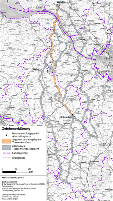 Abbildung 15: Darstellung des festgelegten Trassenkorridors für das Vorhaben 4 BBPlG, Abschnitt A