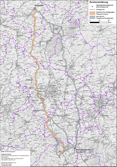 Abbildung 16: Darstellung des festgelegten Trassenkorridors für das Vorhaben 4 BBPlG, Abschnitt B