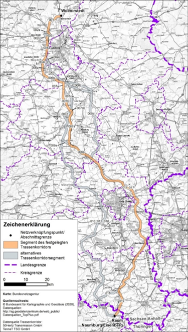 Abbildung 19: Darstellung des festgelegten Trassenkorridors für das Vorhaben 5 BBPlG, Abschnitt A
