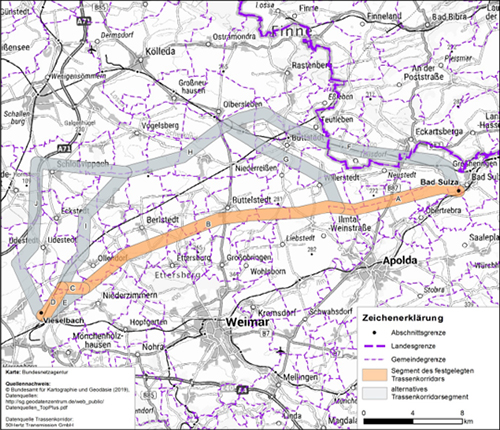 Abbildung 27: Darstellung des festgelegten Trassenkorridors für das Vorhaben 13 BBPlG, Abschnitt West