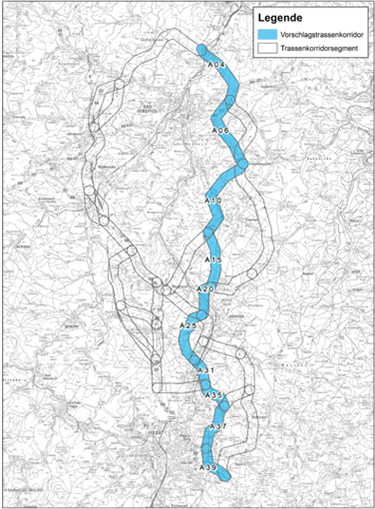 Abbildung 30: Darstellung des festgelegten Trassenkorridors für Vorhaben 17 BBPlG, Abschnitt A