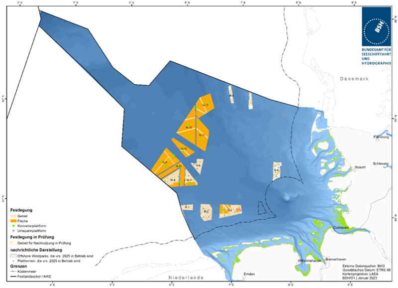 Abbildung 38: Darstellung der im FEP 2023 festgelegten Standorte für Konverterplattformen. Quelle: Bundesamt für Seeschifffahrt und Hydrographie.