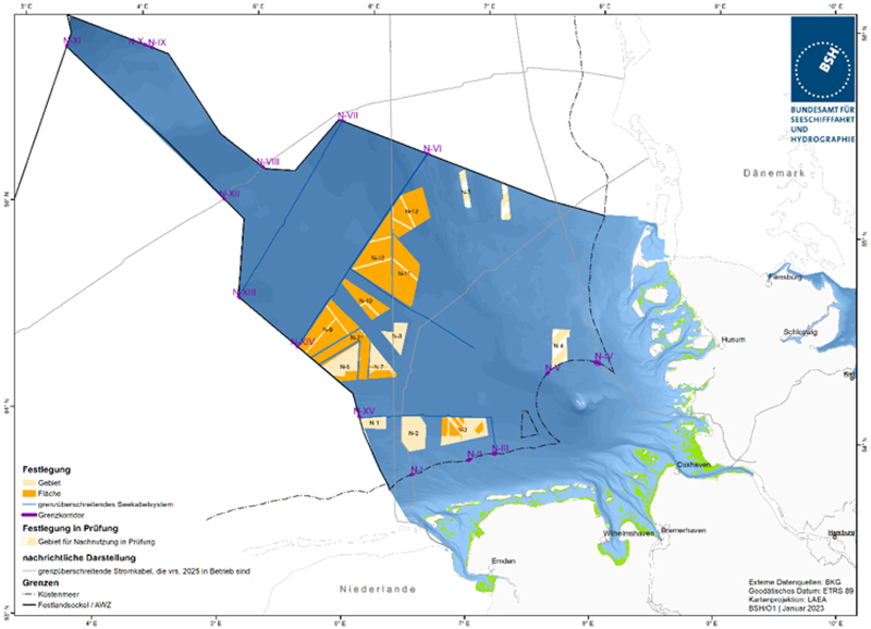 Abbildung 40: Darstellung der genehmigten und geplanten grenzüberschreitenden Seekabelsysteme aus dem FEP 2023. Quelle: Bundesamt für Seeschifffahrt und Hydrographie.