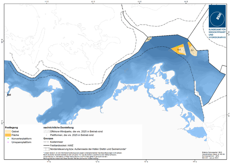 Abbildung 42: Darstellung der im FEP 2023 festgelegten Standorte für Umspannplattformen und Konverterplattformen. Quelle: Bundesamt für Seeschifffahrt und Hydrographie.