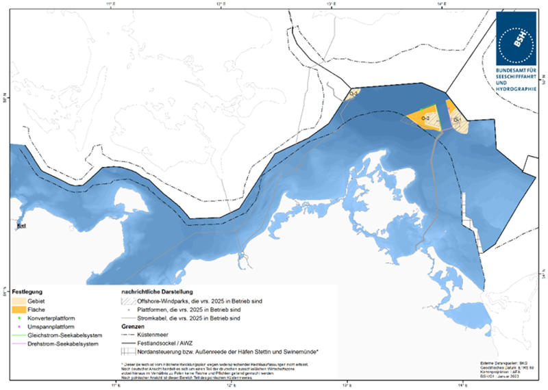 Abbildung 43: Darstellung der im FEP 2023 festgelegten Trassenkorridore für Gleichstrom- und Drehstrom-Seekabelsysteme. Quelle: Bundesamt für Seeschifffahrt und Hydrographie.