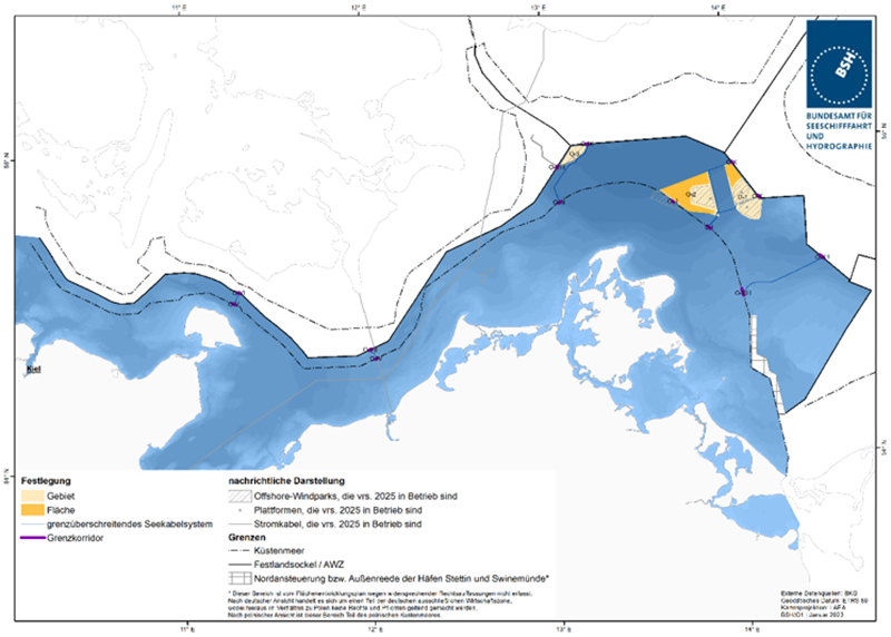 Abbildung 44: Darstellung der genehmigten und geplanten grenzüberschreitenden Seekabelsysteme aus dem FEP 2023. Quelle: Bundesamt für Seeschifffahrt und Hydrographie.