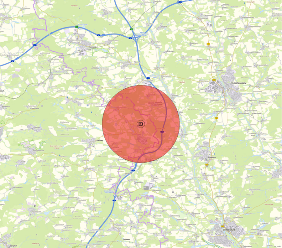 Kartendarstellung der Lage der Flugsicherungseinrichtung und des Anlagenschutzbereichs